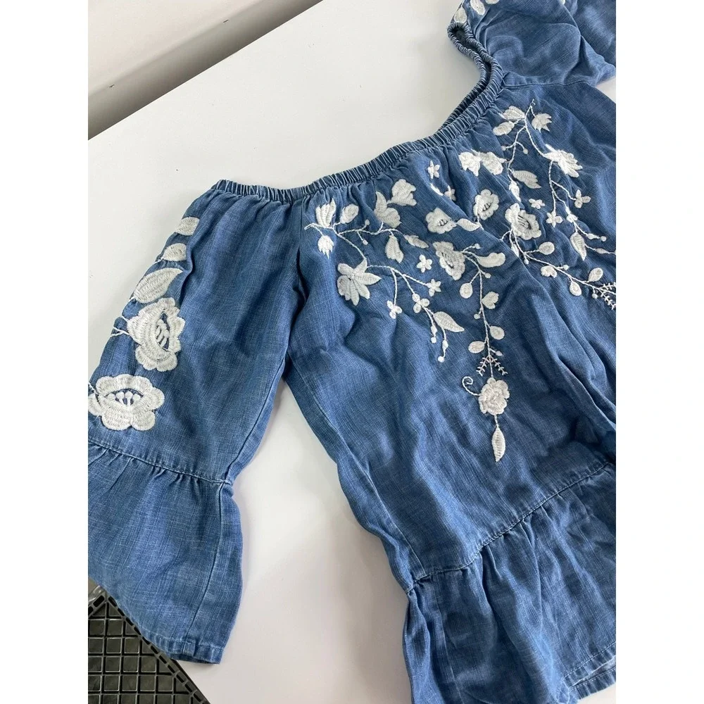 Blue Rain Top‎ Women XS Blue Floral Embroidered Boho Off Shoulder Cottagecore